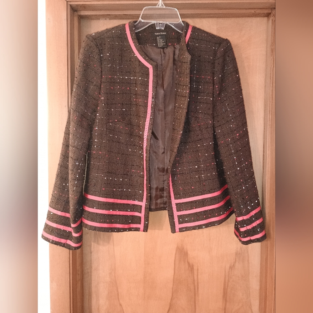 Tara Ryan Brown Red Black Ribbon Trimmed Textured Lined Open Blazer Size 8